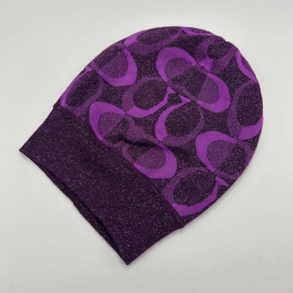 COACH Beanie Hat Wool Knit Signature Logo Purple Sparkle Silver Womens Winter